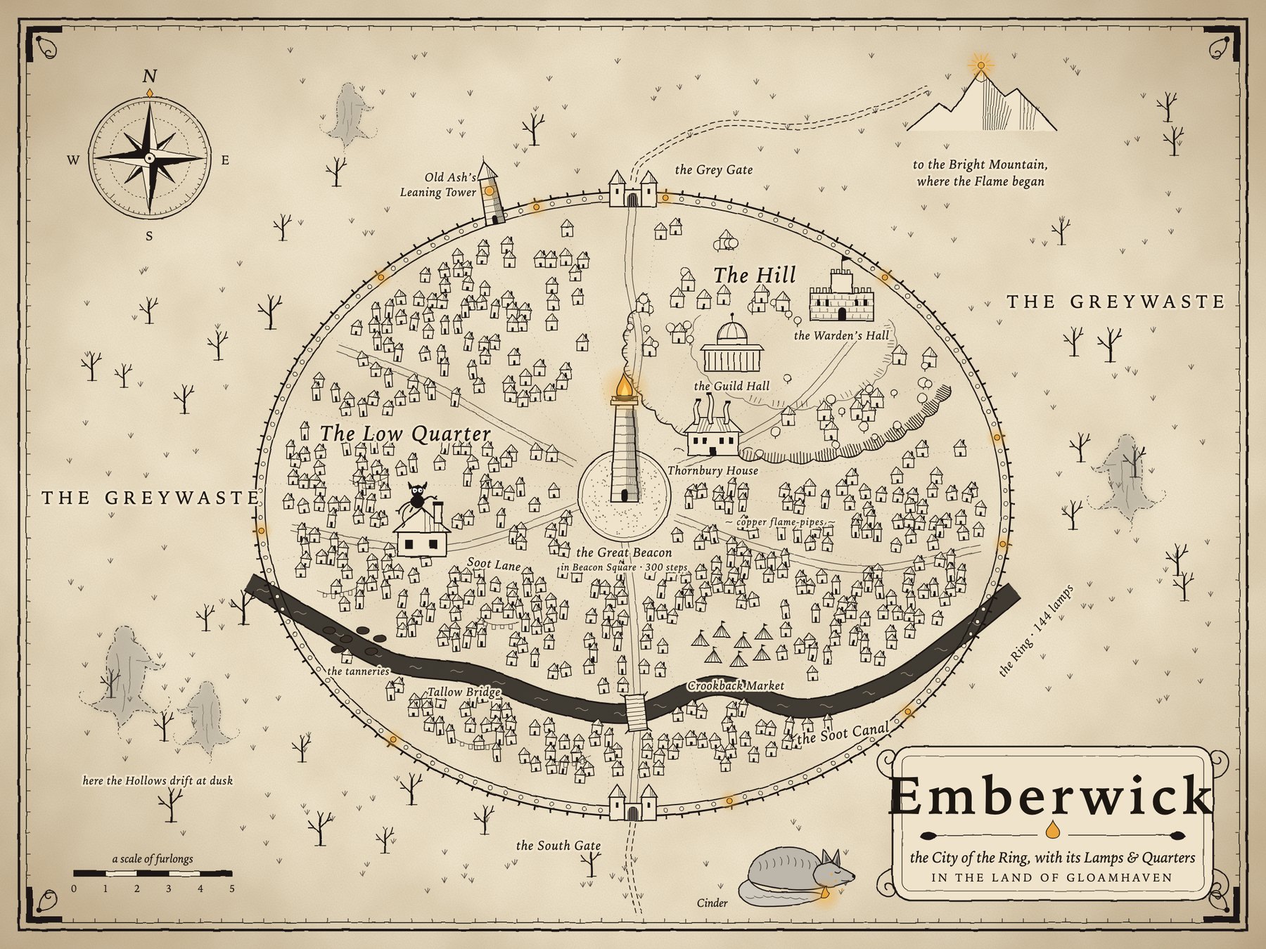 A pen-and-ink map of the walled city of Emberwick: the Ring of lamps along the wall, most of them dark; the Great Beacon in Beacon Square at the centre; the Hill with the Warden’s Hall, the Guild Hall and Thornbury House; the crowded Low Quarter and Soot Lane; the Soot Canal with Tallow Bridge and Crookback Market; Old Ash’s Leaning Tower on the north wall; and the Grey Gate, where the road leaves for the Bright Mountain.