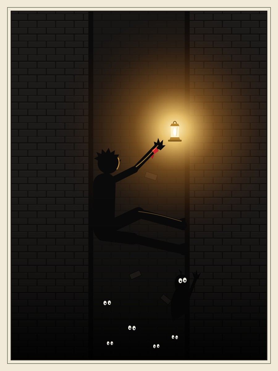 Wren, a small black silhouette, braced across a narrow brick chimney with her back to one wall and her feet to the other, reaches up toward a brass lamp glowing gold in a niche, a red ribbon at her wrist; below her in the dark, a Gutterling climbs and white eyes watch.