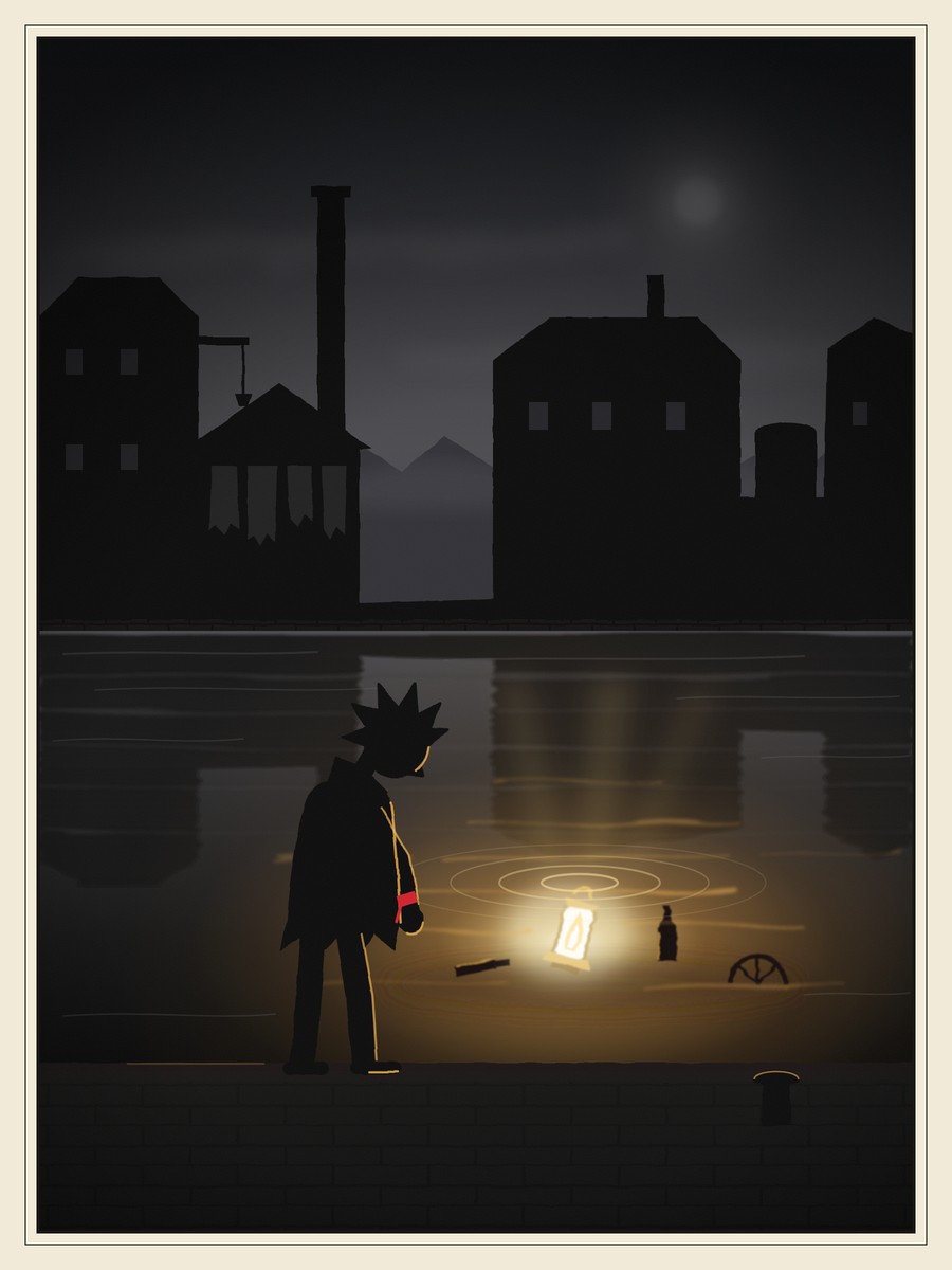 A small girl with spiky hair stands silhouetted at the edge of a black canal, looking down at a brass lamp still shining on the muddy bottom among old bottles; its light spreads in gold rings across the water, with black tannery buildings opposite under a hazy grey sky.