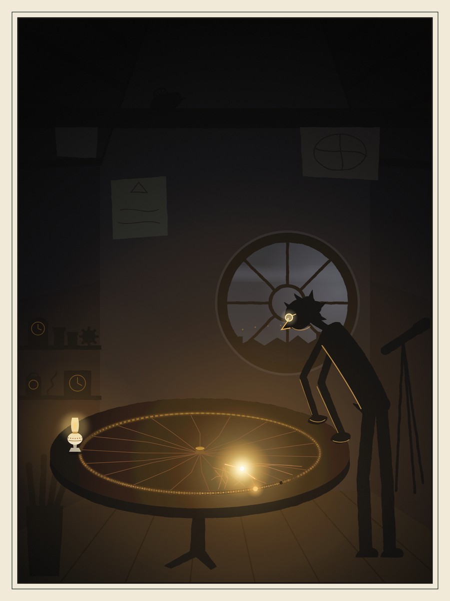 A tall, gangly boy in spectacles bends over a round table holding a brass ring of tiny dim beads, staring at one brilliant point of light inside it; behind him a round window looks onto the night city, with clocks, jars, maps and a telescope in the shadows and a small glass lamp at the table’s edge.