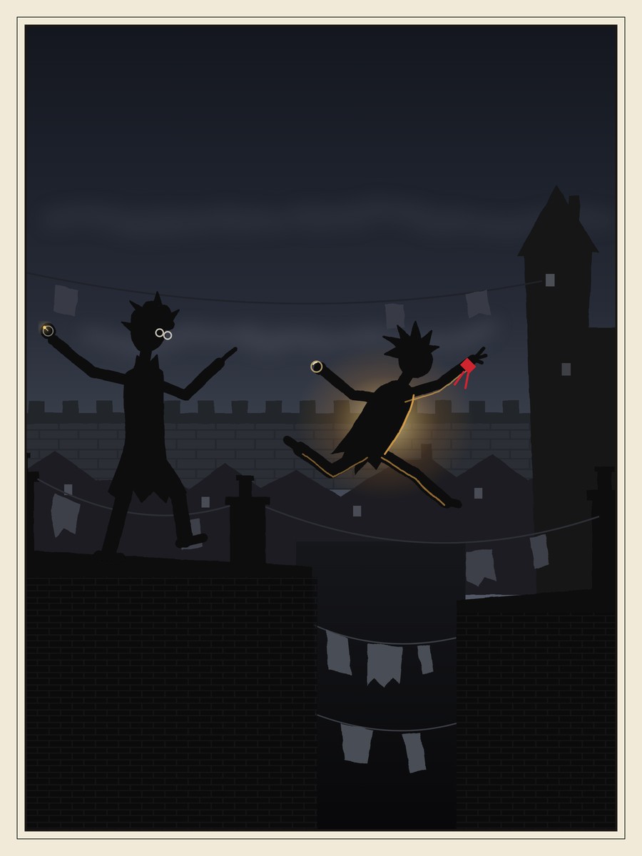 A small spiky-haired girl leaps across a gap between two slate roofs, a stolen compass in her fist and a warm glow leaking from inside her coat, while behind her a tall, gangly boy in spectacles wobbles on the ridge with his arms flung out among chimney-pots and sagging washing lines.