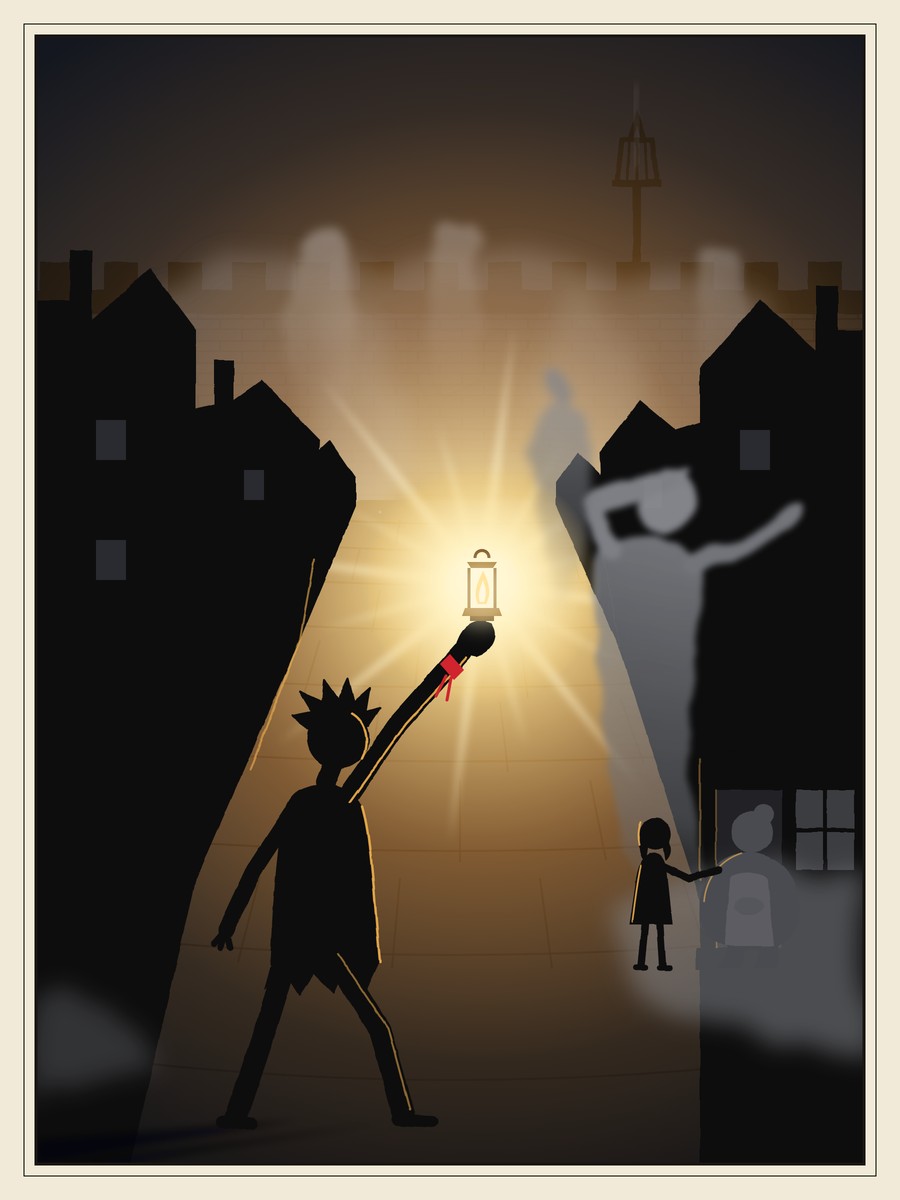 In a dark street of crooked black houses, a small girl holds up a blazing white-gold lamp. Near a bakery door, a tall grey faceless smoke-figure shrinks back from the light, away from a tiny child patting a grey baker on her doorstep, while more grey shapes pour over the city wall behind.