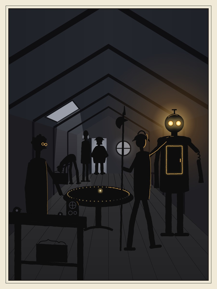 In a dim attic workshop, a guard with a halberd recoils from a tall tin automaton whose two round eyes and chest-door seams glow gold, while a boy in spectacles stands rigid at a cluttered bench and a stout sergeant watches from the doorway beside a thin steward.