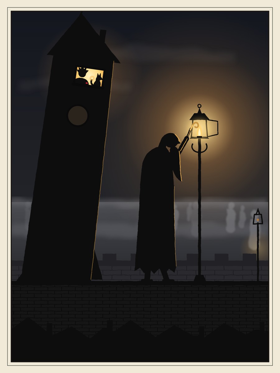 At night on a city wall, a tall, stooped, bearded old man in a long coat uses a long hooked pole to relight a tall street-lamp. High in a crooked leaning tower, a girl and a small fox watch from a little gold-lit window under the roof, and faint grey figures drift on the plain beyond the wall.