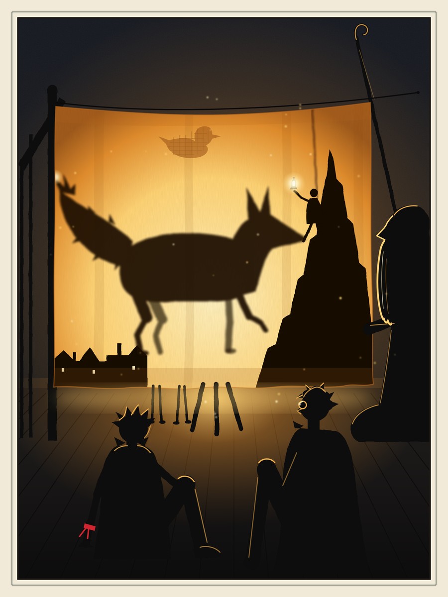 Two children sit in silhouette before a hanging sheet lit gold from behind. On it a giant fox shadow walks beside a paper mountain, where a tiny figure carries a glowing lamp, while a bearded old man kneels at the sheet’s edge.