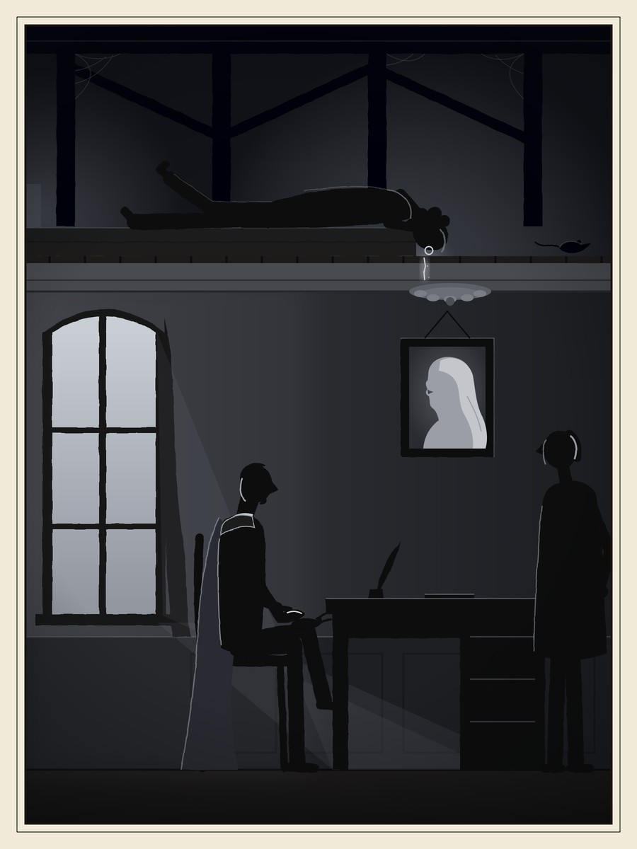 A boy lies along a beam in the dark space above a ceiling, his eye to a crack beside a plaster rose; below, a tall man in a grey cloak sits by a desk rubbing his palm while a lord stands beneath a portrait of a fair-haired woman.