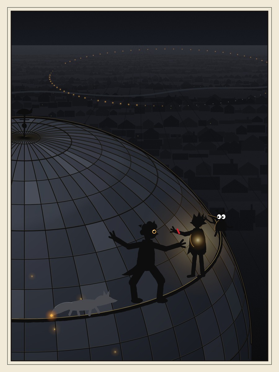 On a vast glass dome high above a dark city, a fox, a terrified gangly boy and a small girl inch along a narrow iron rib. The girl reaches back to the boy, a faint gold glow shines from inside her coat, and a white-eyed imp waits ahead at the dome’s edge.