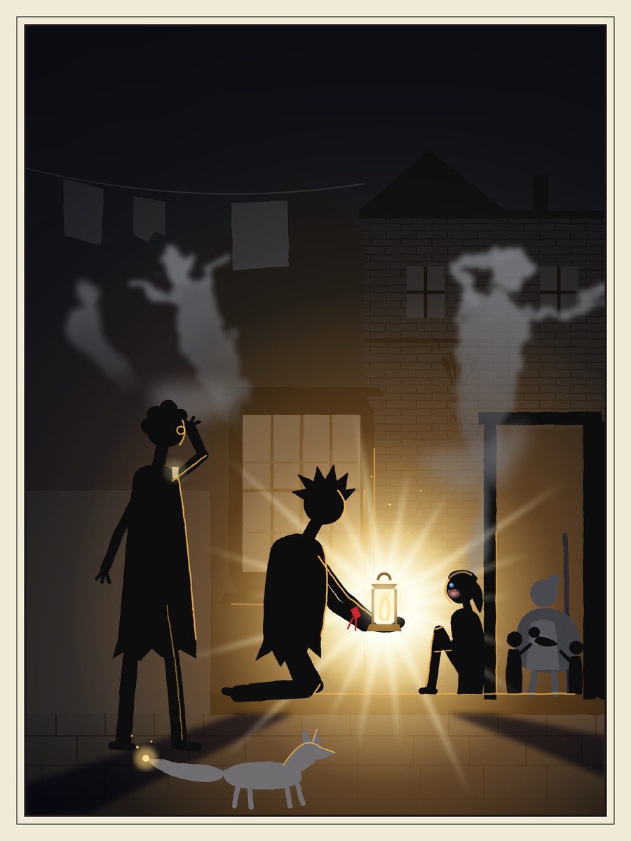 At night, a kneeling girl holds out a glowing lamp in both hands to a tiny girl sitting on a bakery step, whose blue eye and pink cheek show in the gold light; a boy shields his eyes, a grey fox with a glowing tail watches, and grey ghostly shapes flee.