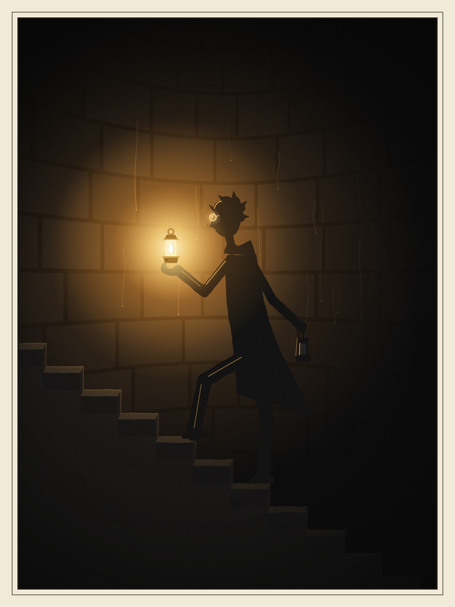A tall, thin boy in a long coat, in black silhouette, climbs a dark stone stair two steps at a time, holding up a small brass lamp. Its gold glow lights the damp stone wall and catches his spectacles, and an unlit lantern dangles from his other hand.