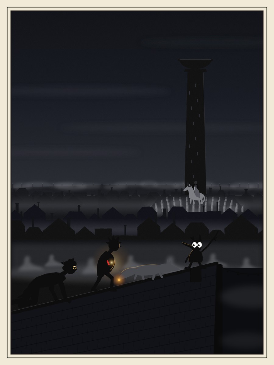 Above a blacked-out city, a small white-eyed Gutterling at the end of a roof ridge points at a tall black tower with an empty bowl on top; behind him come a grey fox with a glowing tail, a hunched girl with gold light leaking from her coat and a boy crawling on hands and knees, while grey shapes fill the streets and a grey rider waits at the tower’s foot.