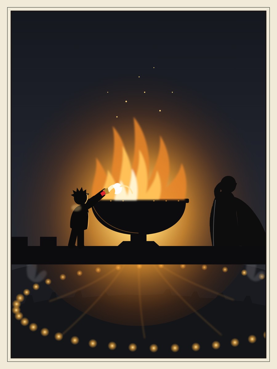 On top of the Great Beacon, Wren tips the lamp over the rim of the vast iron bowl and gold fire roars up, while Captain Varrick throws an arm across his eyes; far below, the Ring of lamps blazes around the city.