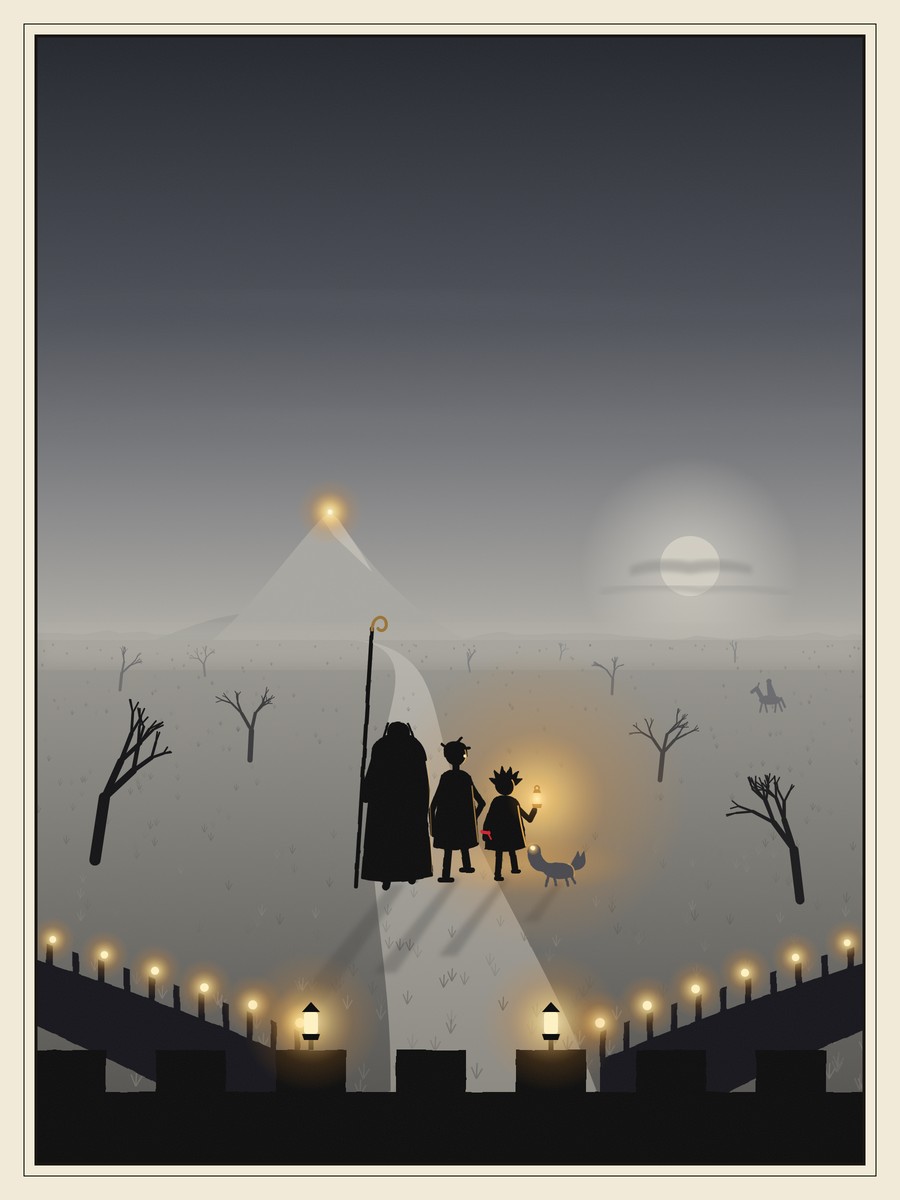 From the top of a city wall lined with glowing gold lamps, a tall old man with a hooked pole, a lanky boy, a small girl carrying a glowing lamp and a grey fox walk away down a road across a pale grey plain of dead trees, toward a faint mountain with a gold point under a pale sun; a tiny grey horseman is far off on the plain.