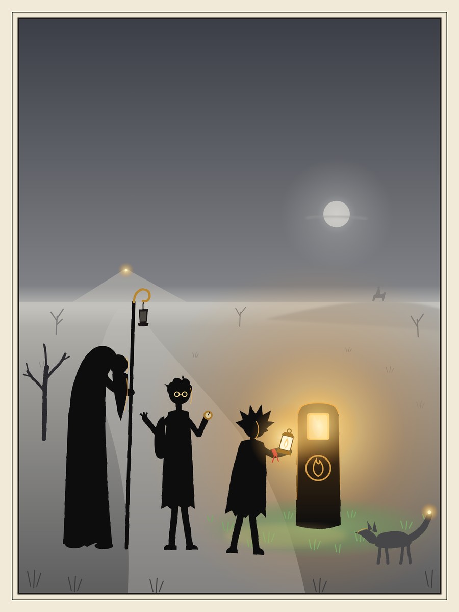On a pale grey plain, a small girl with a lamp holds it to a glowing stone post, and a circle of green grass spreads round its base. A tall stooped old man with a hooked pole, a gangly boy holding a compass and a grey fox with a glowing tail-tip watch; far off on a rise sits a tiny grey rider.