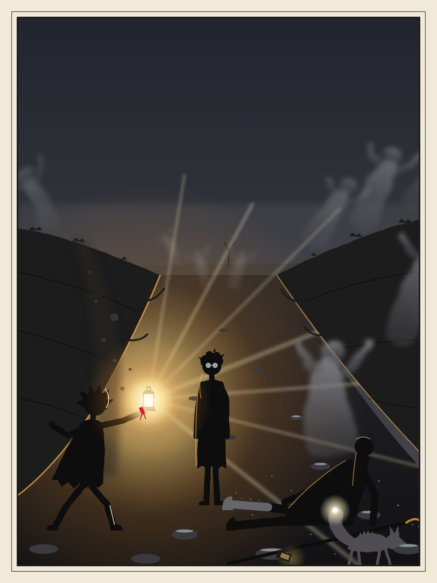 In a dark gully at dusk, a girl lunges forward holding out a blazing lamp while grey smoky figures flee up the banks. A boy with fogged spectacles stands frozen, a tall old man lies propped on one elbow with one leg turned ash-grey, and a grey fox with a white-hot tail-tip bristles.