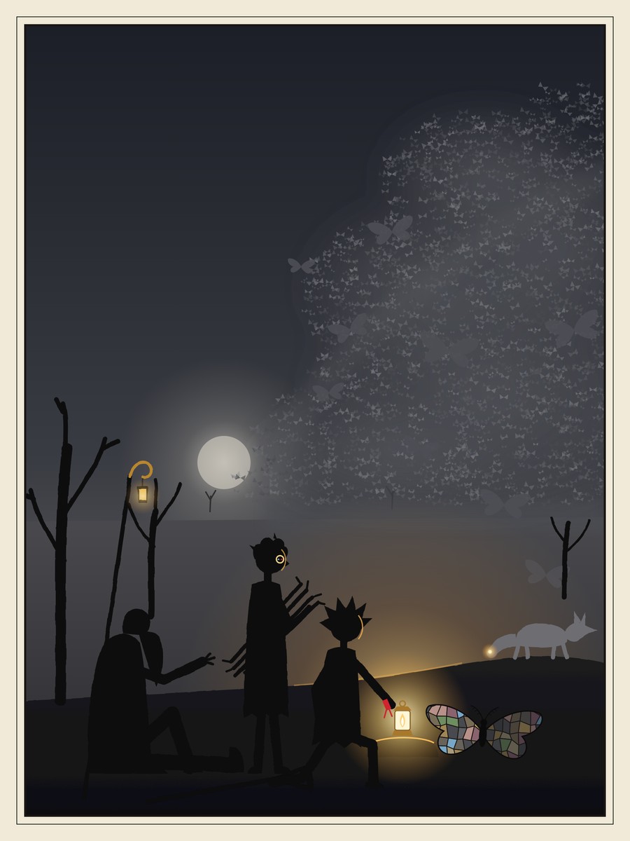At dusk, a kneeling girl reaches for a lamp on a stone, beside a huge moth whose wings glow like faint stained glass. A boy holding sticks stares at it, an old man sitting under dead trees thrusts out his arm in warning, and a grey fox on the ridge faces an enormous cloud of moths rising from the plain.