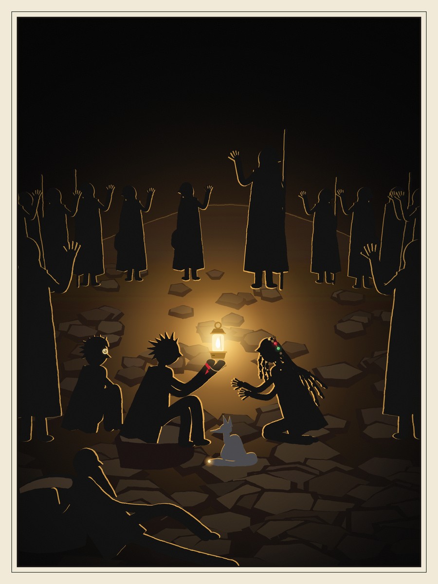 In a cavern, a girl sitting on rubble holds a glowing lamp in her tied hands. A ring of tall, braided cave-folk raise their palms against its warmth, while a girl with long beaded braids kneels close and holds her hands out to it.