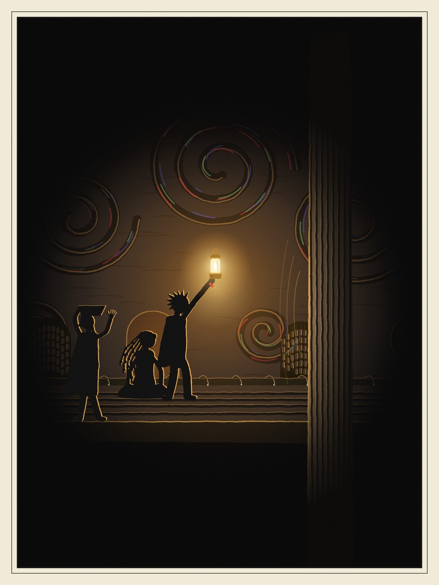 A girl in a cliff doorway holds a lamp high. Its small circle of light shows carved spiral walls threaded with faint colours, a ridged ledge, a tall fluted column across a gap, a seated girl with beaded braids, and a woman carrying a basket on her head. Everything beyond the circle is black.