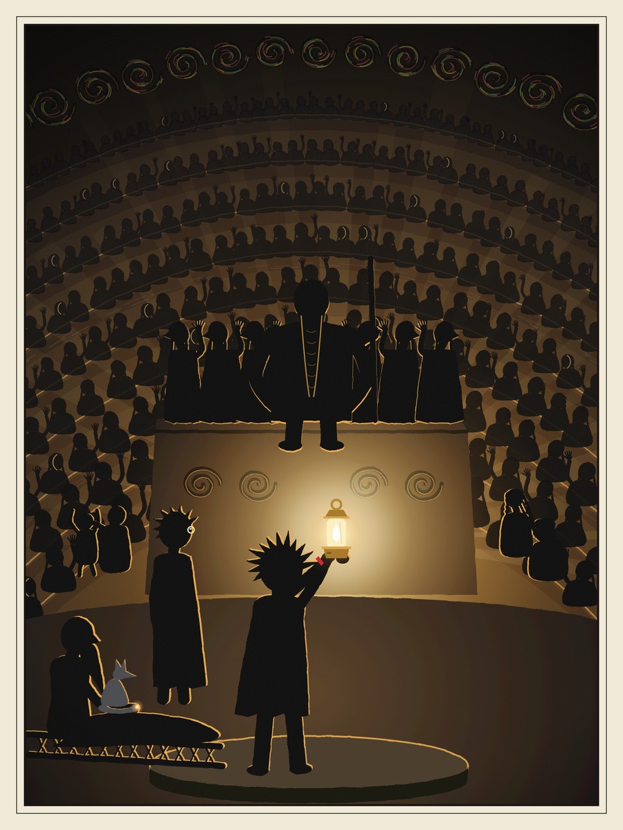 In a round hall of tiered stone benches packed with hundreds of braided figures, many shielding their faces, a girl on a round stone holds out a blazing lamp. Seven elders sit on a carved ledge, the huge bearded Speaker in the middle facing her unflinching. An old man on a stretcher with a fox, and a boy in spectacles, are beside her.