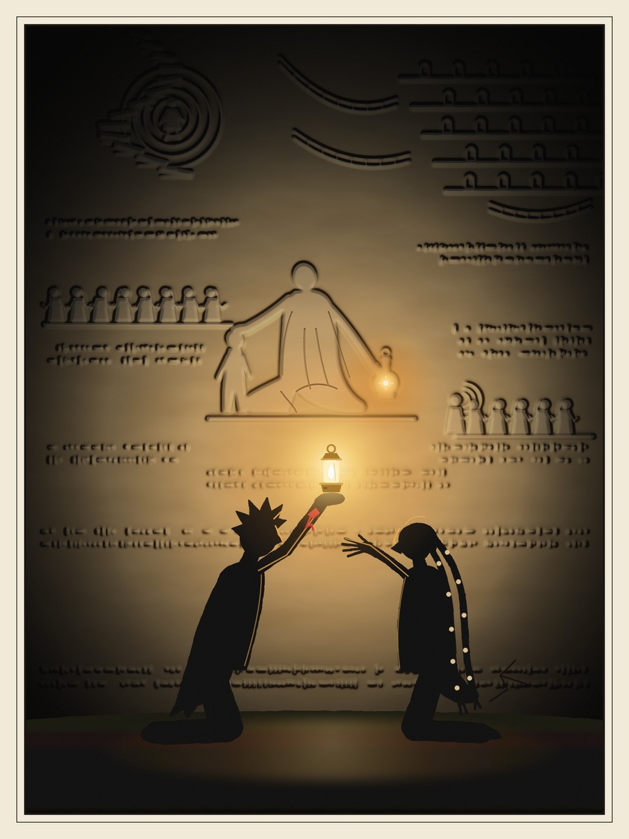 Two girls kneel in silhouette before a wall of pale carved stone: a robed man kneeling with his hand over a child’s eyes, holding a small lamp-shaped carving whose bead glows gold. Wren holds up a brass lamp, and Mira, with long beaded braids, rests her fingertips on rows of raised marks.