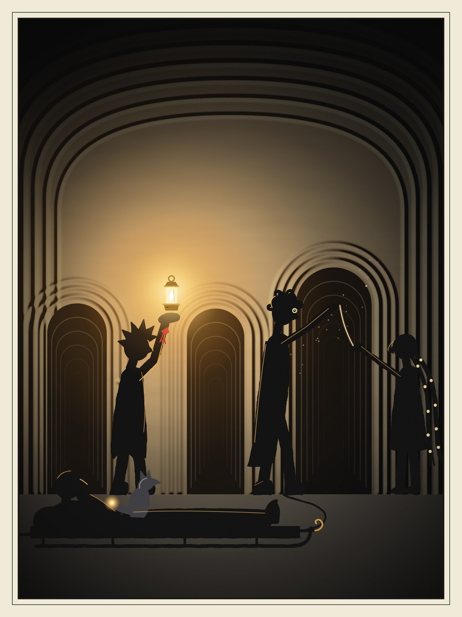 Inside a round, ribbed tunnel with three dark archways, Wren holds the lamp high, while tall Tobin holds a thread that drifts into the right-hand arch and Mira touches its end. In front, Old Ash lies propped on a stone-sledge with his hooked pole, and Cinder the fox sits beside him with her tail glowing.
