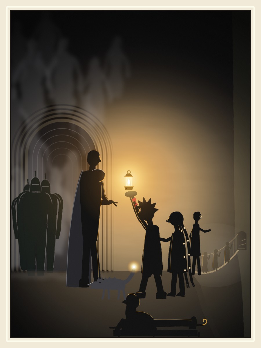 A tall man in a grey cloak stands at a ribbed tunnel mouth, with armoured knights behind him and grey, smoky, faceless shapes drifting in the dark. Facing him, a girl holds up a glowing lamp while a fox bristles, a braided girl grips her sleeve, an old man lies on a sledge, and blind Delvers cross a rope bridge toward a doorway.