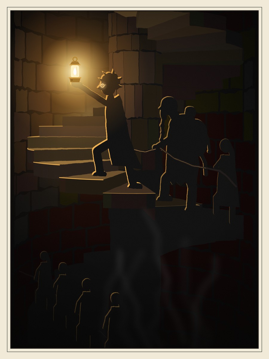 A boy in spectacles climbs a dark spiral stair, holding a glowing lamp above his head. A big bearded man carrying a child follows him on a rope, and a line of shadowy figures holding the rope winds down into blackness.