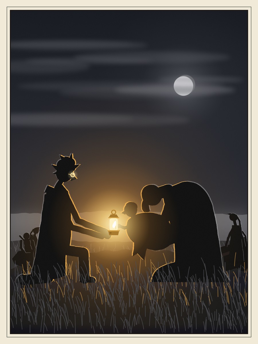 On a grassy hilltop under a pale moon, a kneeling boy holds out a glowing lamp to a small child cradled by a big kneeling man, who bows his head over him and weeps. Other figures sit among the rocks behind, faces lifted to the sky.