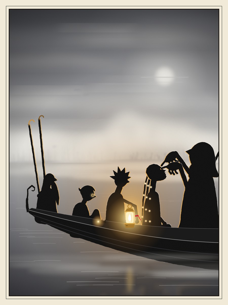 In a misty grey river, a hooded ferryman leans from the stern of a long boat and lays his thumbs on the closed eyes of Mira, a girl with beaded braids. Wren watches beside her, holding a glowing lamp, while Tobin and Old Ash look on.