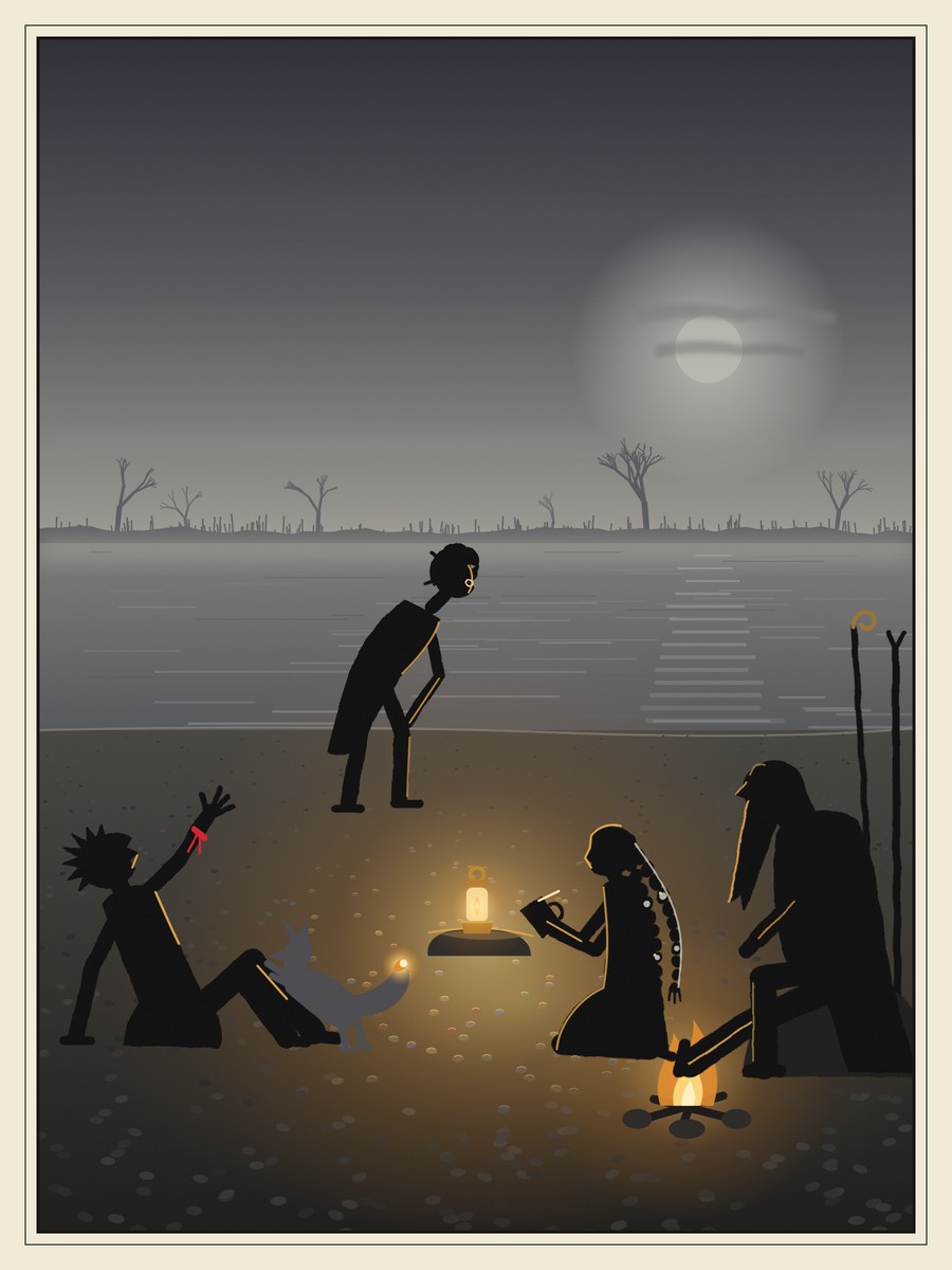 A grey morning beside a misty river, under a dull sun. Mira, with long beaded braids, kneels and tilts a tin cup towards a small glowing lamp. Wren sits on the shingle with her head thrown back laughing and one arm flung up; a fox has its paws on her knee. Tobin is bent double laughing behind them, and Old Ash sits on a stone by a small fire with one leg stretched out. Faint colours show in the pebbles only near the lamp.