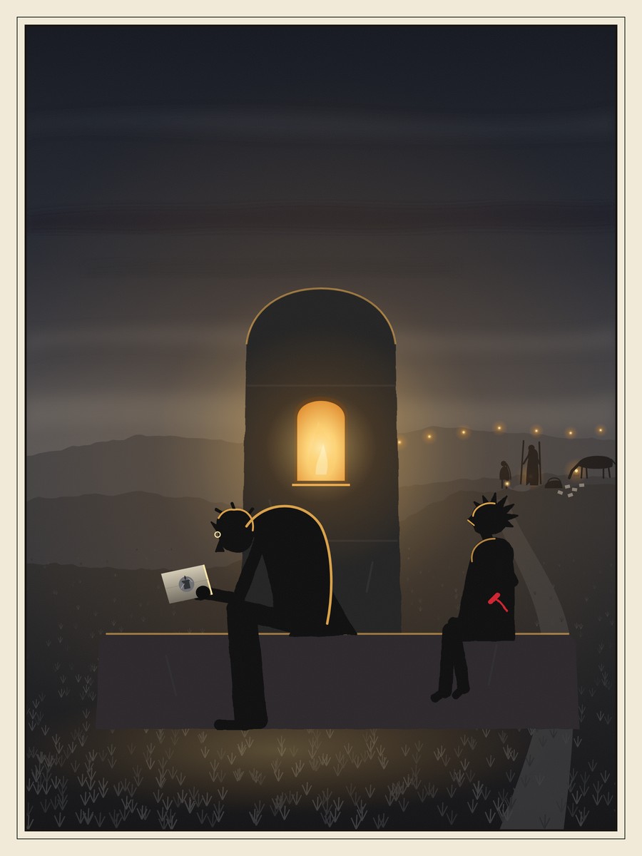 At dusk on grey hills, Tobin sits hunched on the base of a tall waystone whose niche glows gold behind him. He holds a folded letter with a grey seal showing a tower and a flame. Wren sits a little way off at the edge of the stone, hands in her pockets, looking at him. Far up the slope the others wait by an open satchel and a grazing horse, and a line of small lit waystones runs back across the hills.
