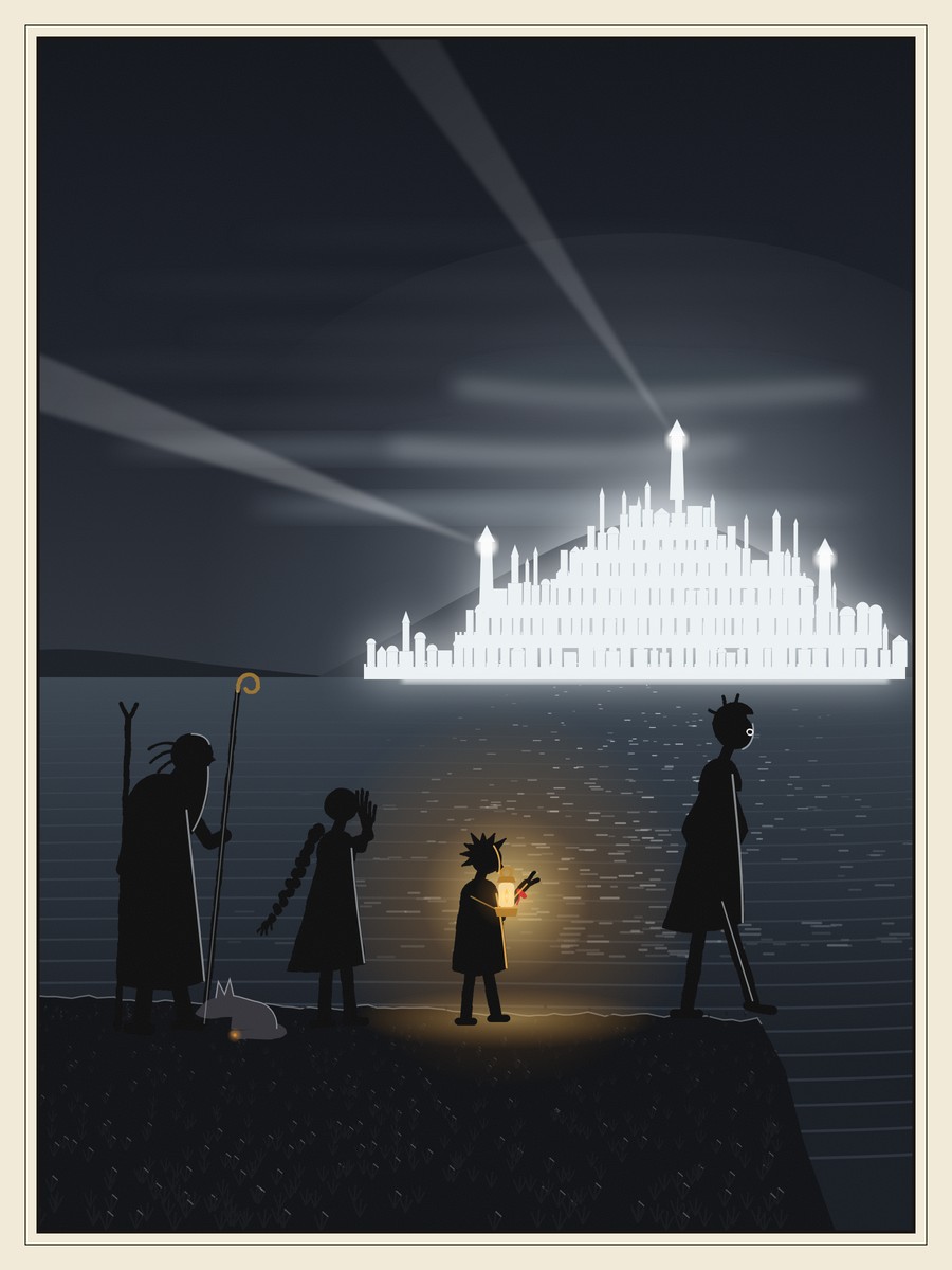Five small black silhouettes stand on a dark clifftop at dusk: a tall stooped old man leaning on two poles, a fox sitting with its back to the sea, a girl with long braids holding her hands up before her face, a small girl holding a glowing gold lamp, and a tall boy at the cliff edge. Across a wide bay, a tiered city on the hills shines brilliant white, sending long beams over the water.