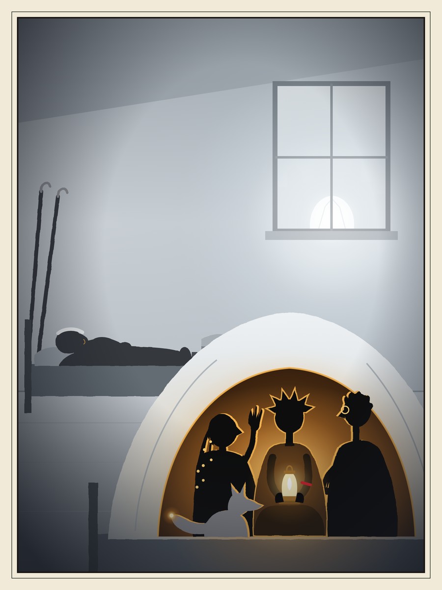 In a white room flooded with cold light from a stone on the windowsill, three children sit under a blanket around a small gold lamp, with a fox squeezing in. An old man lying on a nearby bed turns his head to watch the glow.