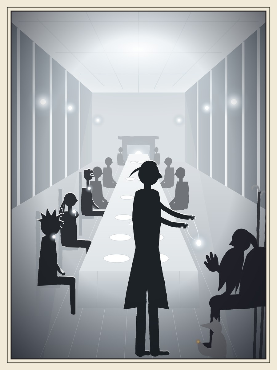 In a white hall under a glowing ceiling, a tall elegant man holds out a glowing pendant to a seated old man with a long beard, who raises a hand to refuse it politely. Three children wearing pendants watch from the table, and a fox sits by the old man’s chair.