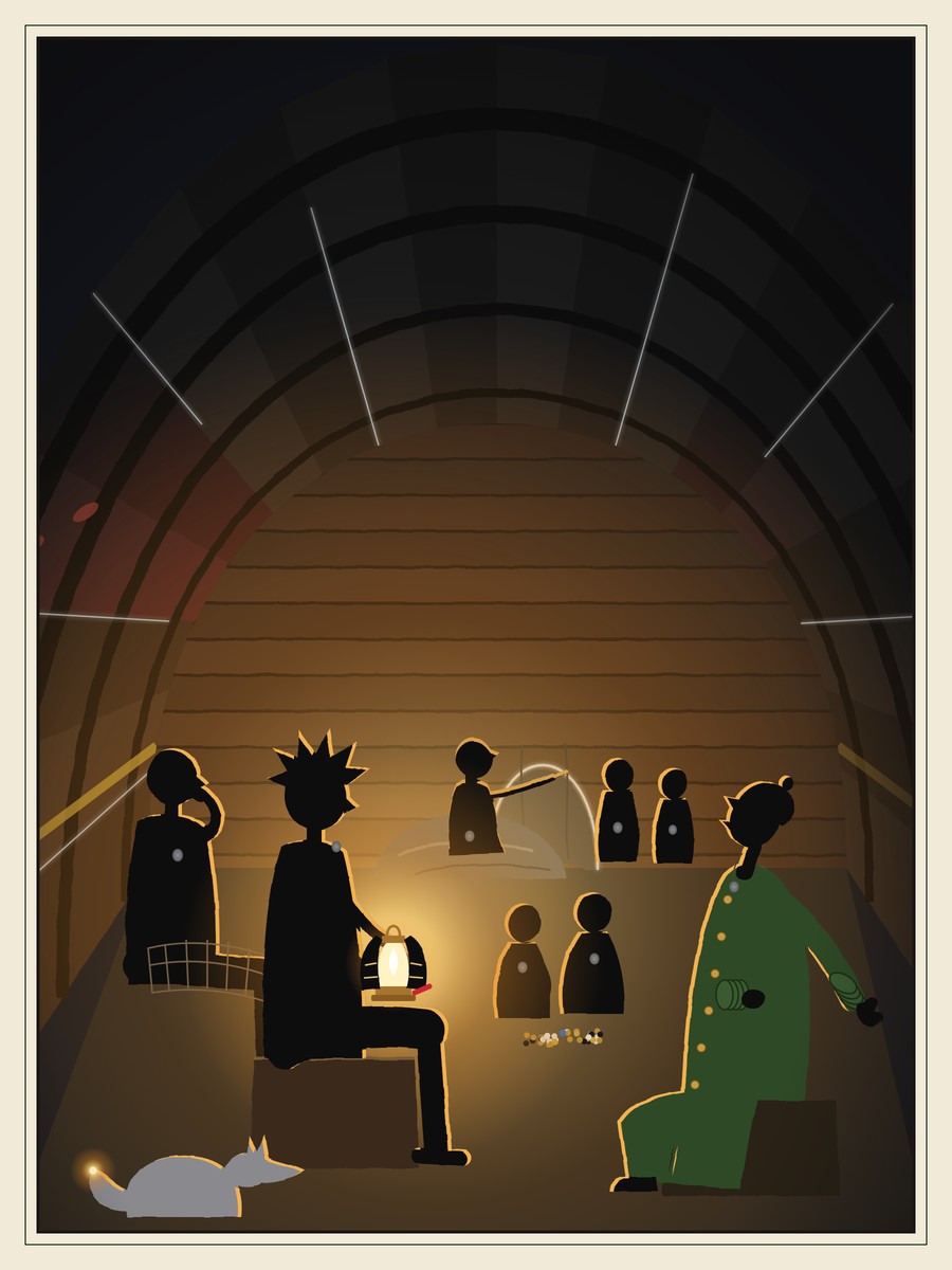 Under the hull of an upturned boat, a girl cups a small lamp in her hands and warm gold light fills the dim space. A girl in a huge green coat throws her head back laughing, while a small child points and giggles and the other children look on.