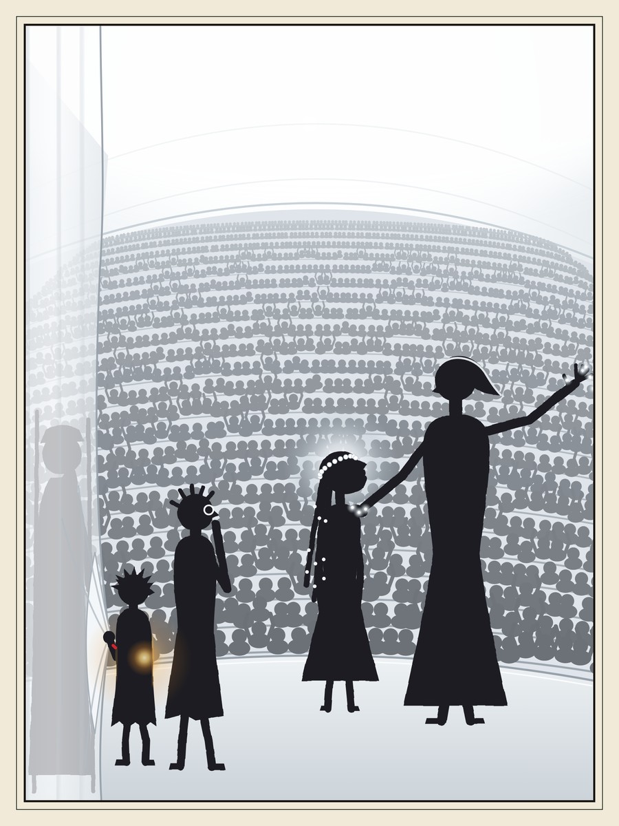 A girl with long beaded braids and a ring of shining stones on her head stands on a bright stage beside a tall, elegant man whose hand rests on her shoulder. A huge crowd fills the tiers beneath a glowing dome, and in the wings a small girl clutches the curtain.