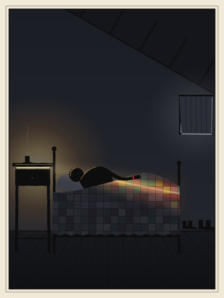 In a dark attic bedroom, a girl lies in bed with her back to a bedside table. A thin line of golden light leaks from its drawer and brings faint colours into the patchwork quilt.