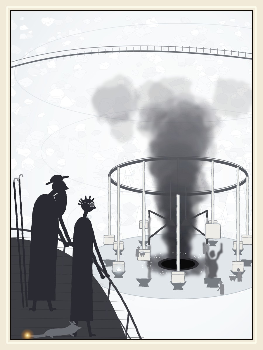 Two figures, a stooped old man and a gangly boy with one darkened spectacle lens, grip an iron rail high above a blazing white cavern. Far below, a black pit pours out grey smoke, and pale hammers stand ready to strike a smoky human shape.