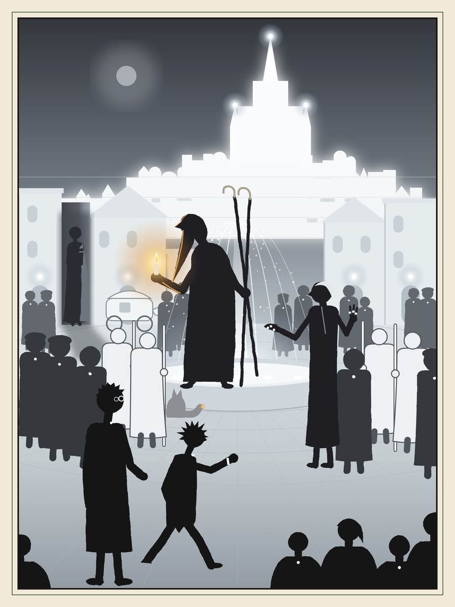 A tall, bearded old man on two poles stands on the rim of a glittering fountain in a white city square, holding up a small candle flame to a crowd. A gracious man in a long coat reaches toward him, white-coated guards step forward, and a grey figure watches from the shadow of an alley.