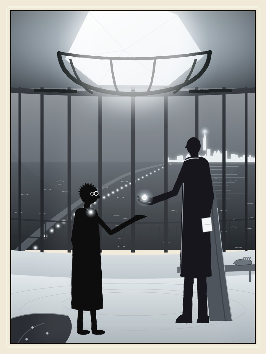 At the top of a lighthouse, under a huge glowing white crystal, a tall man in a grey cloak holds out a ring on his open palm to a gangly boy in spectacles. Far below the windows, a line of lights runs along a harbour wall to a shining white city.