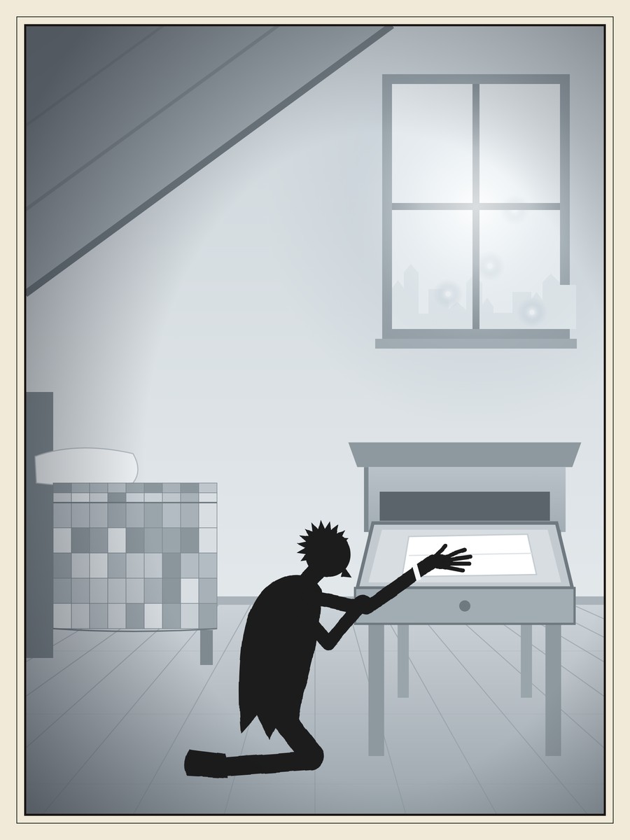 In a pale, bright attic bedroom, a small spiky-haired girl kneels at a bedside table with its drawer pulled open, her hand pressed flat on an empty white handkerchief.