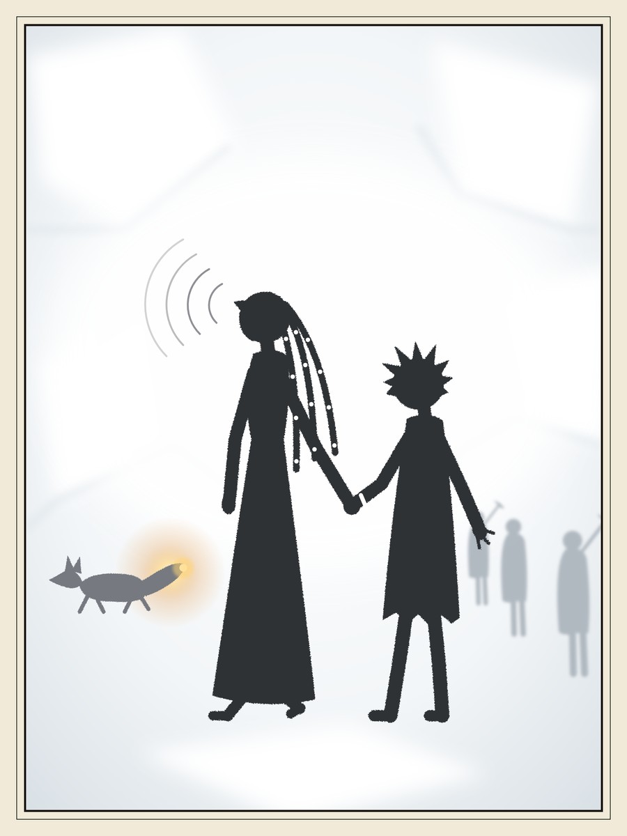 Two girls walk hand in hand through a blinding white tunnel. The taller girl, with beaded braids, has her face tilted up and sound-rings spread from her, while a small grey fox with a glowing tail leads the way and faint grey miners trudge behind.