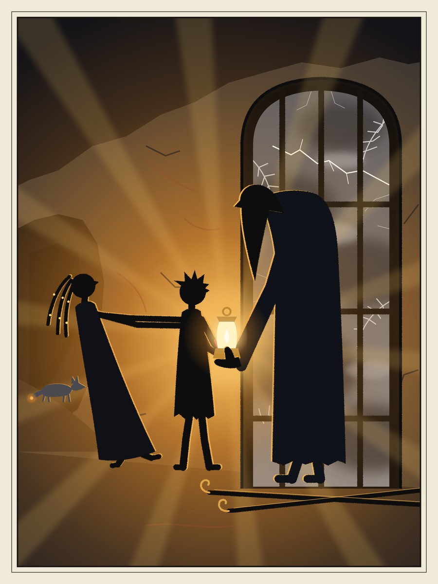 In a tunnel flooded with golden light, a very tall old man with a long beard, his back against a frosted iron-and-glass door, bends to fold a glowing lamp into a small girl’s hands. Behind her another girl pulls at her arm, and a little fox watches from the slope.