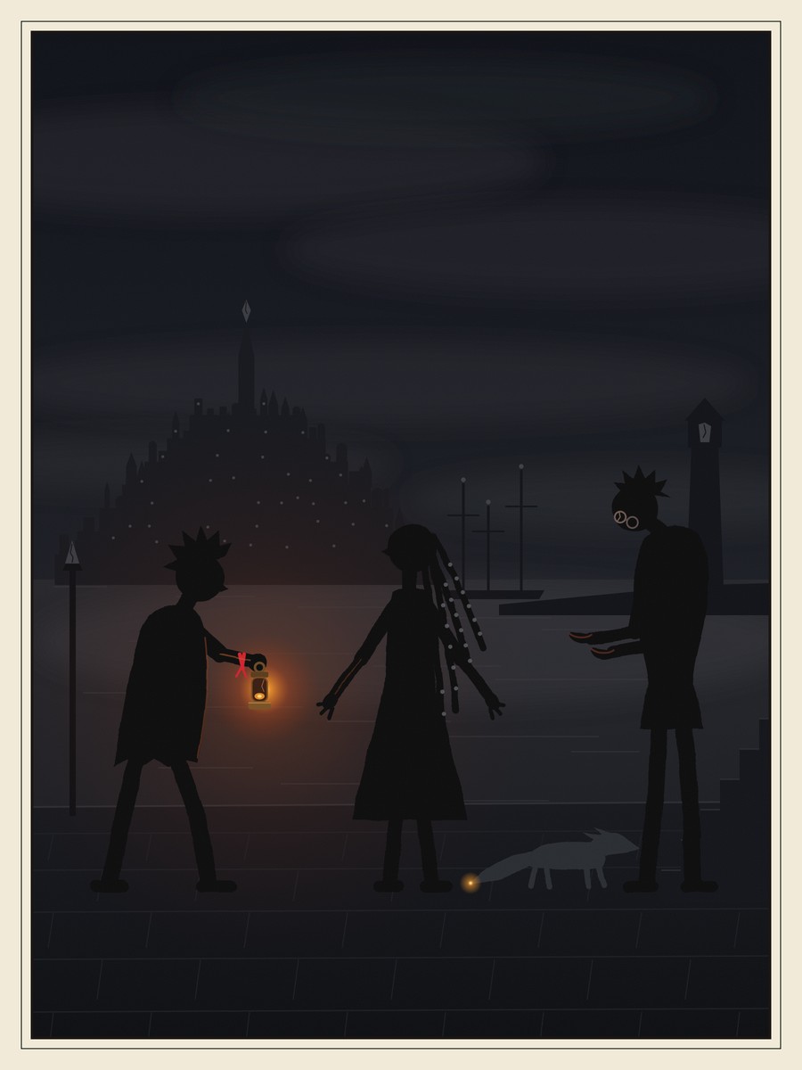On a dark harbour wall at night, a small girl holds out a dimly glowing red lamp toward a tall boy who holds out his burned hands. A girl with long braids stands between them with her arms spread, and a small grey fox stands nearby. Across the water the city’s lights are all dark.