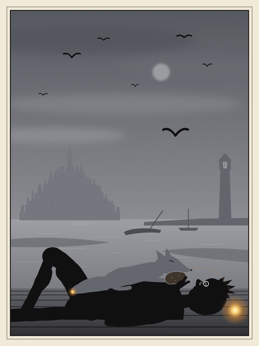 A boy without a coat lies on his back on wet dock planks, one knee raised and one spectacle lens cracked. A small grey fox lies on his chest with her chin on a heel of bread while he reaches up to break off a corner, and a tiny orange spark falls by his ear under a grey sky full of gulls.