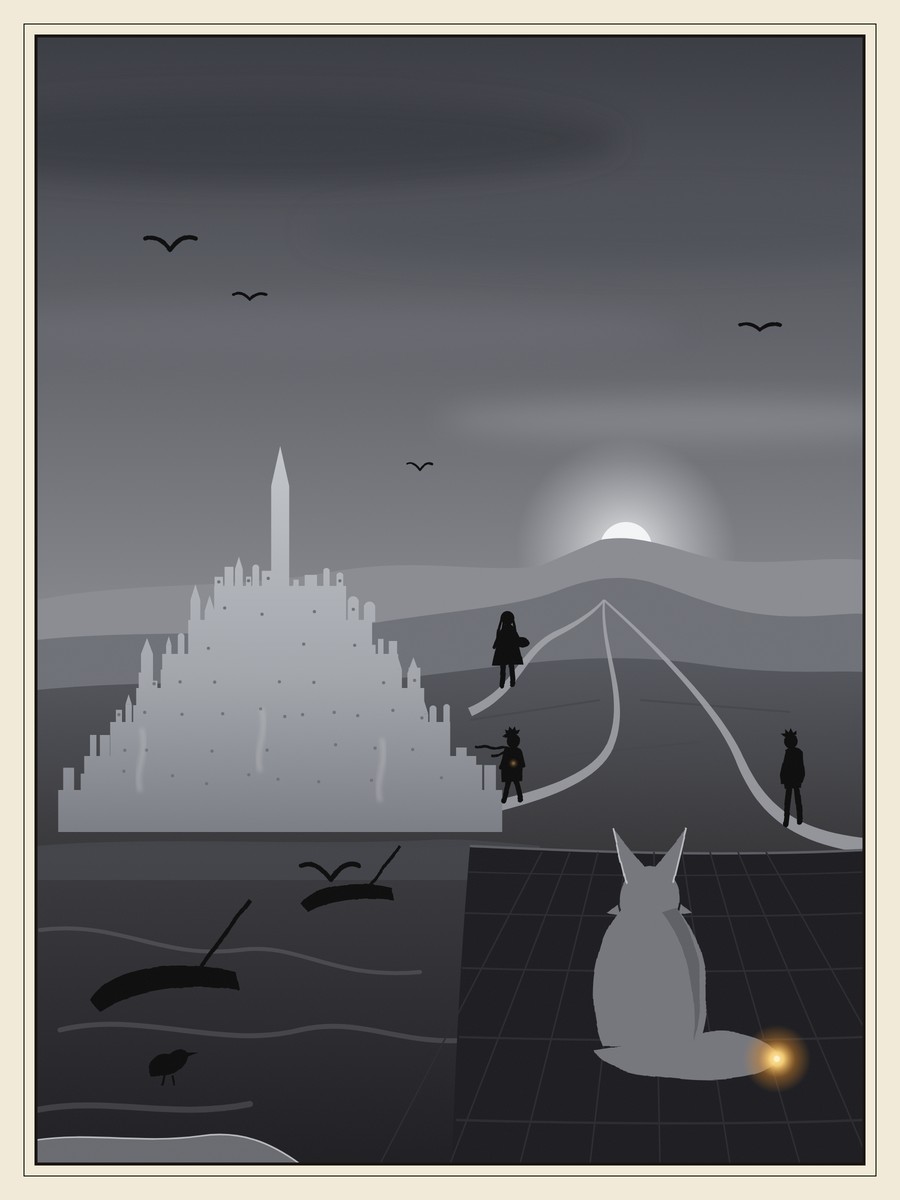 At dawn a small grey fox sits on a harbour wall, seen from behind, looking out over mud-flats and a pale town. Three children walk alone on three separate roads that all wind toward the same low hill, where the sun is rising.