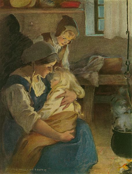 A mother sits by the cottage fire holding the sleeping princess in her lap while a young woman leans over them.