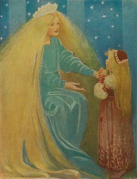 A crowned lady with long silver-gold hair, seated under a starry blue sky, holds out her hands to the little princess.