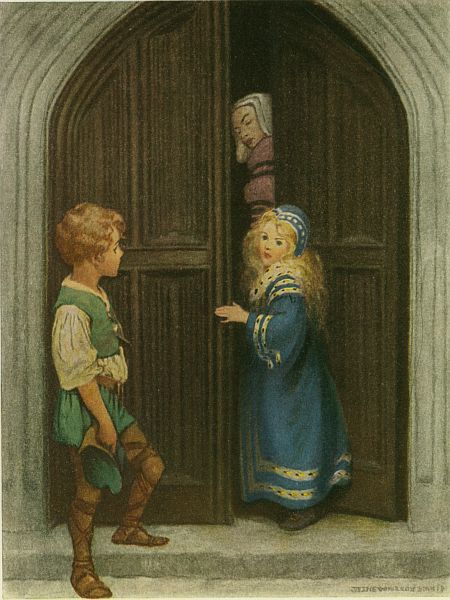 A miner boy in a green tunic speaks with the princess at a great arched door, her nurse peering out behind her.