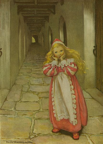 A little golden-haired princess in a striped red dress stands alone in a long stone corridor, one hand to her cheek.