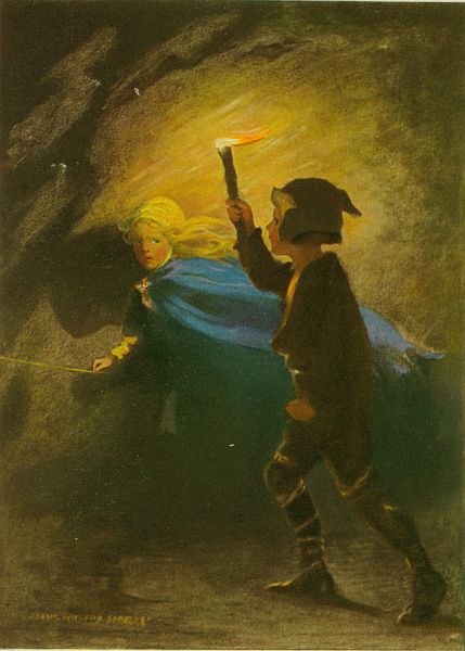 Curdie, holding up a blazing torch, follows the princess through a dark passage, her blue cloak streaming behind her.